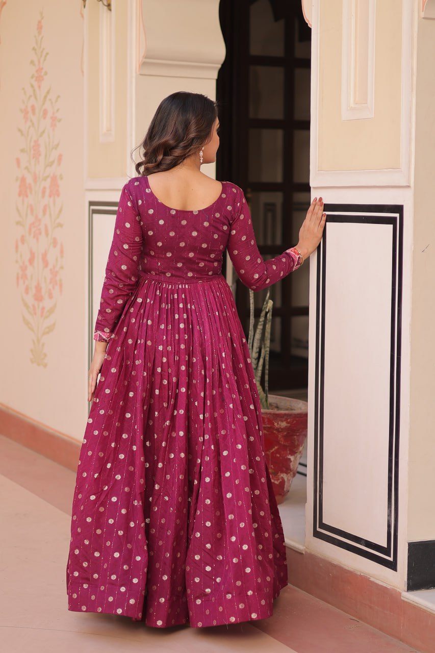 Jyoti Fashion Women's Wine Staple Jacquard Weaving Long Designer Anarkali Set | Swadesiicart