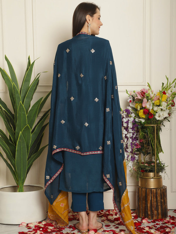 Jyoti Fashion Women's Navy Blue Chinon Chiffon Embroidered Designer Straight Suit Set | Swadesiicart