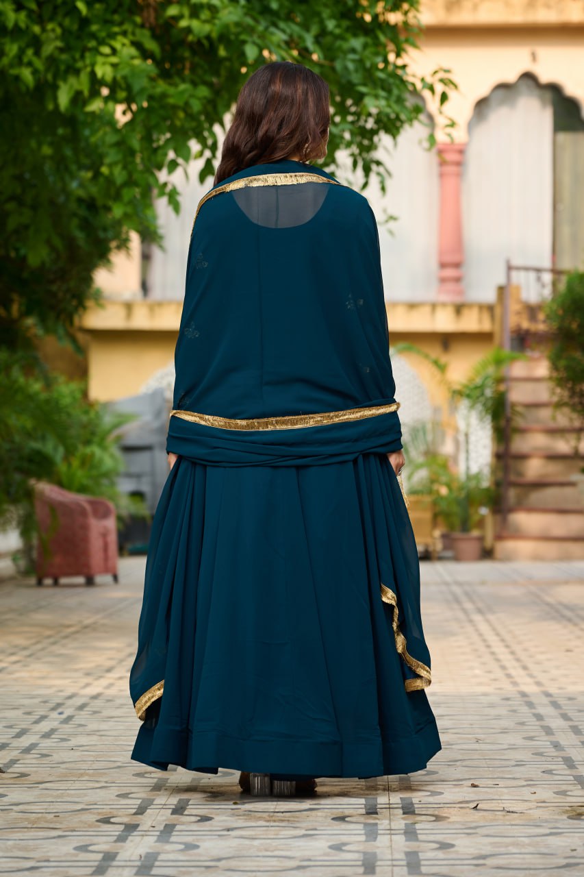 Jyoti Fashion Women's Teal Faux Blooming Sequins with Thread Embroidered Anarkali Set With Dupatta | Swadesiicart