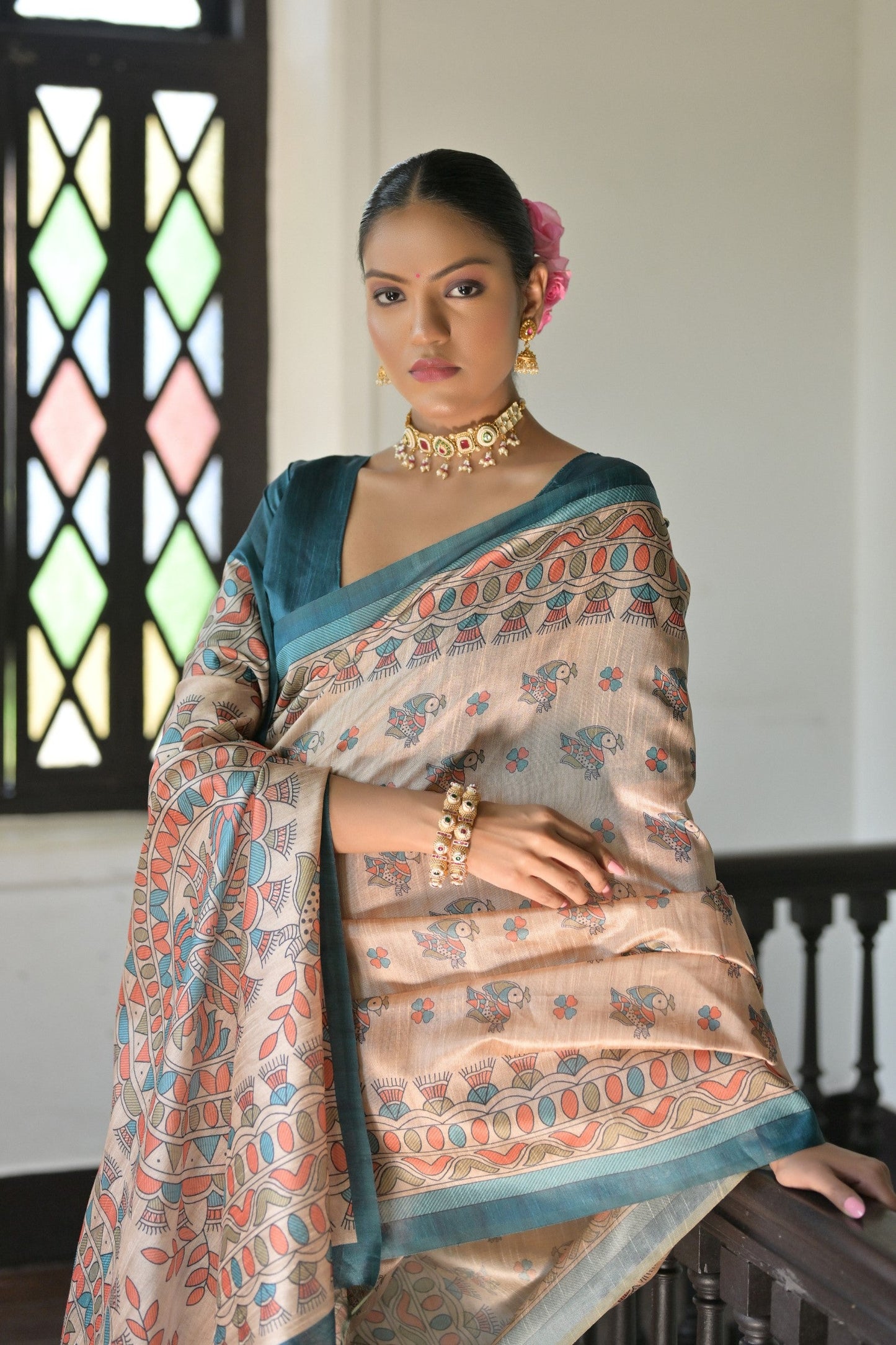 Jyoti Fashion Women's Rama Soft Tussar Silk Printed Designer Saree with Blouse | Swadesiicart