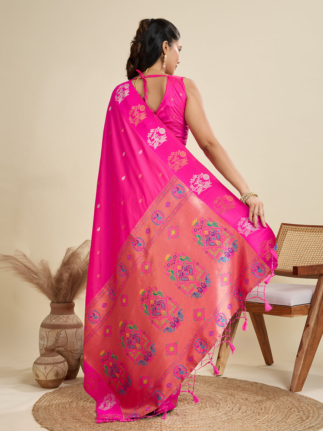 Jyoti Fashion Women's Pink Soft Kanjivaram Paithani Silk Zari Woven Designer Saree with Blouse | Swadesiicart