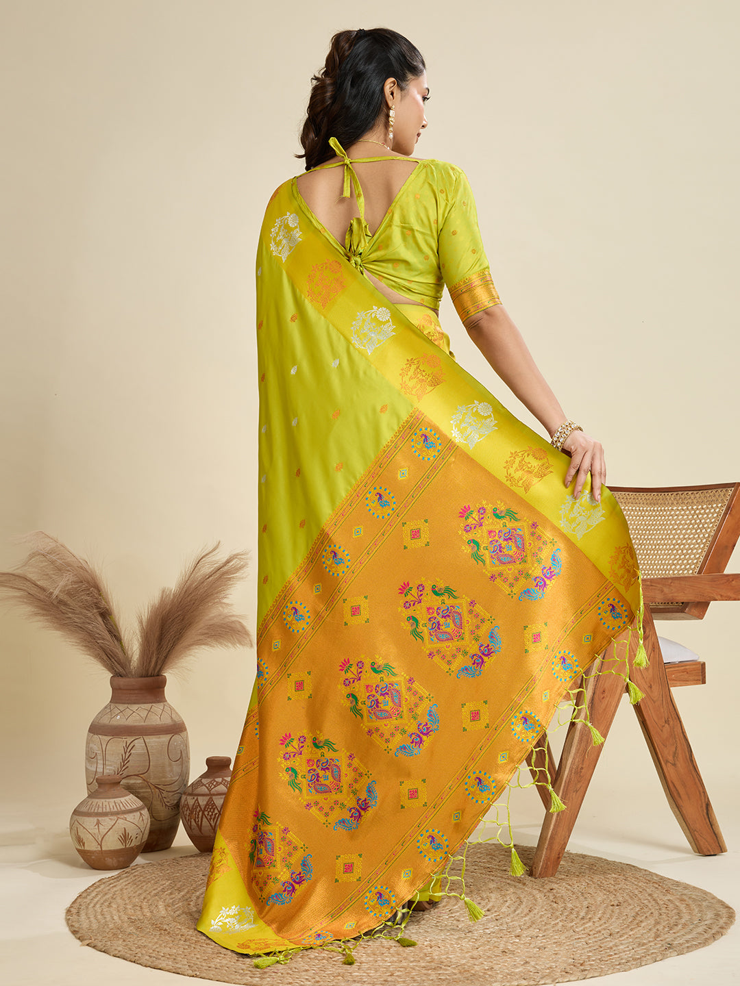 Jyoti Fashion Women's Mehendi Soft Kanjivaram Paithani Silk Zari Woven Designer Saree with Blouse | Swadesiicart
