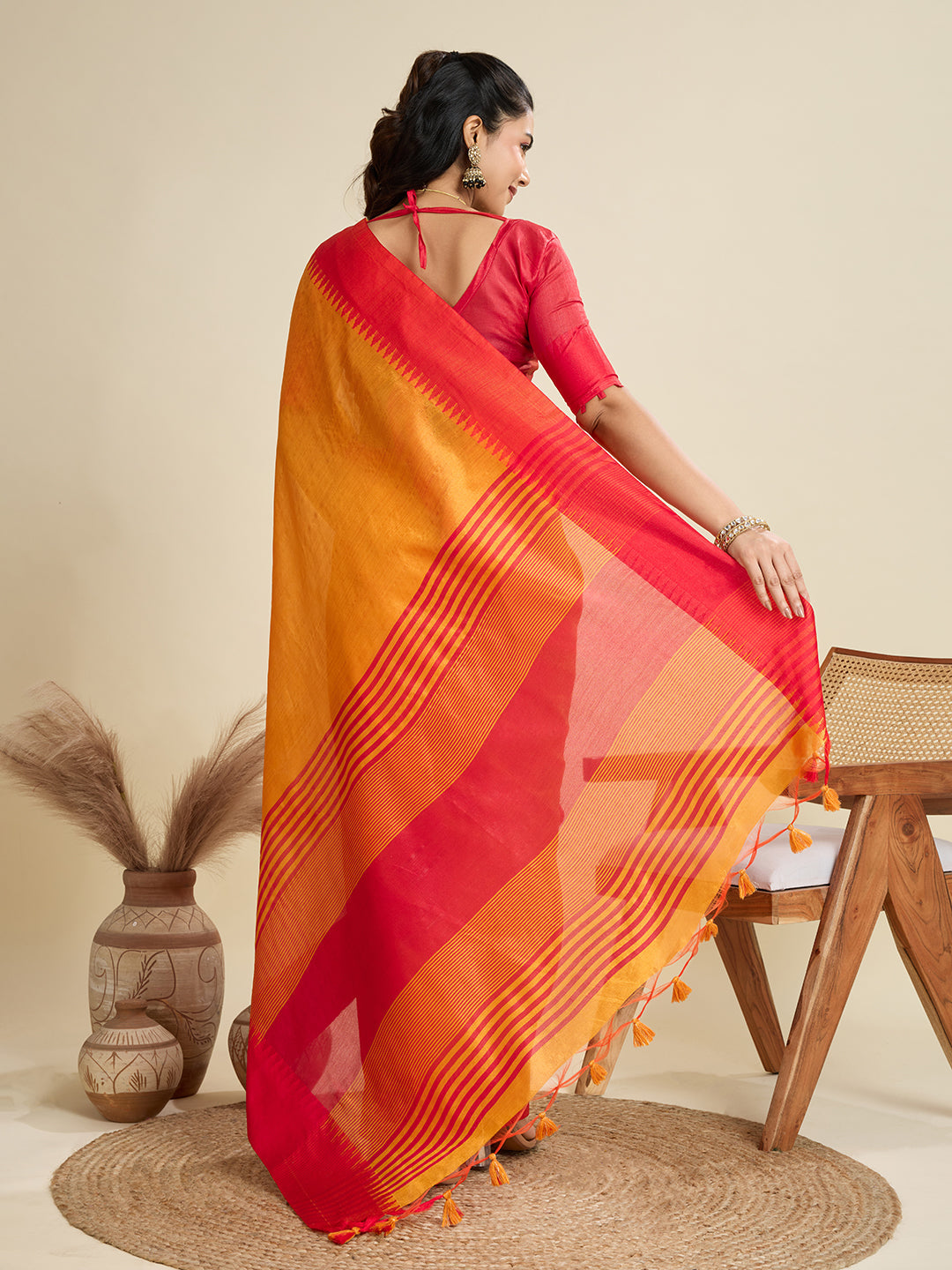 Jyoti Fashion Women's Mustard Khadi Raw Silk Temple Woven Border Designer Saree with Blouse | Swadesiicart