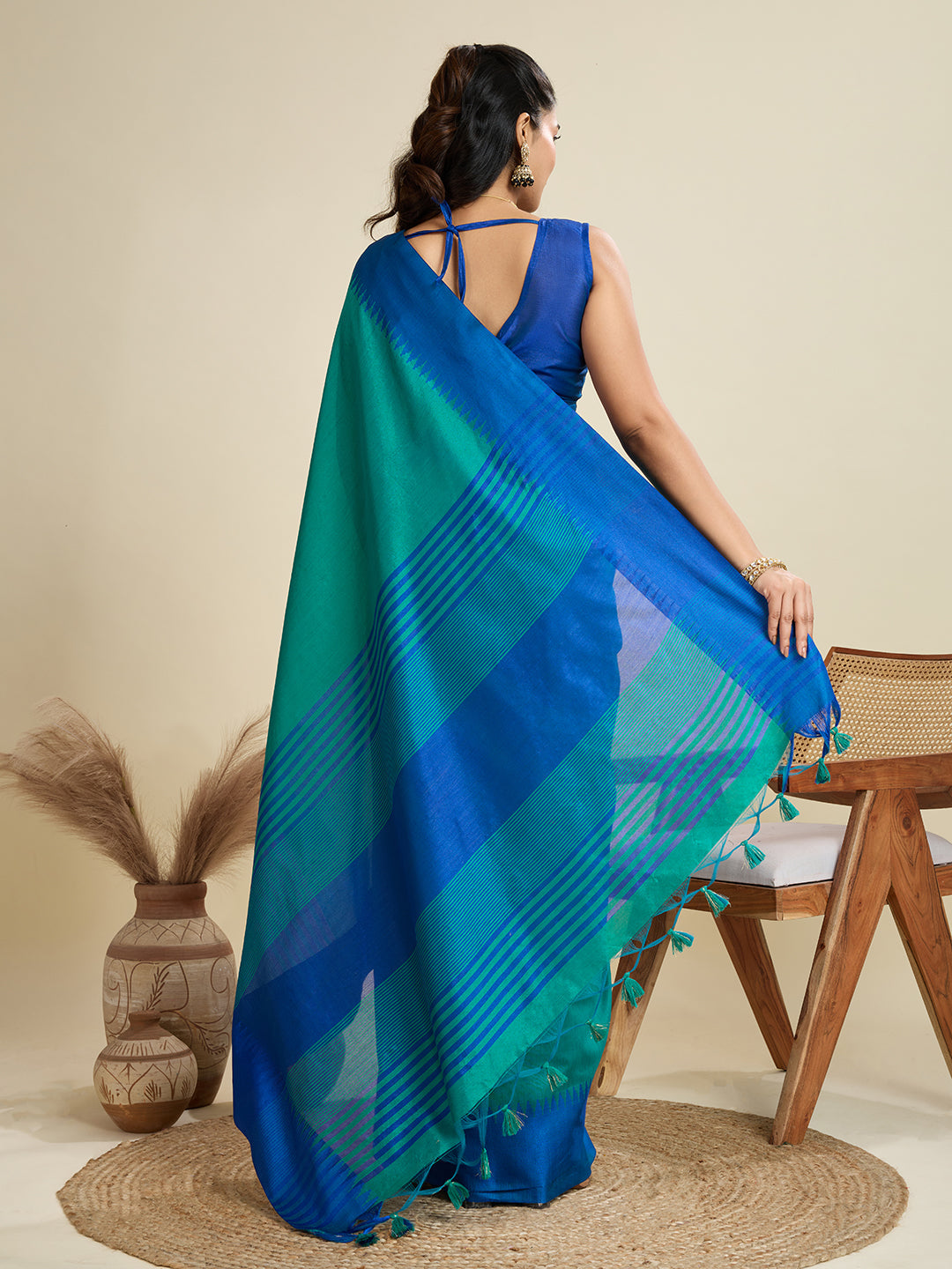 Jyoti Fashion Women's Rama Khadi Raw Silk Temple Woven Border Designer Saree with Blouse | Swadesiicart