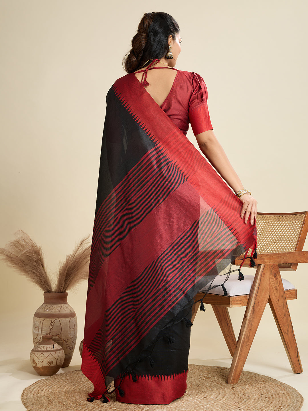 Jyoti Fashion Women's Black Khadi Raw Silk Temple Woven Border Designer Saree with Blouse | Swadesiicart