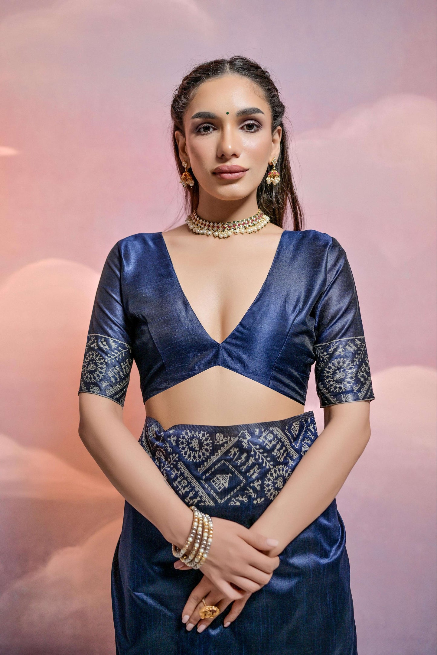 Jyoti Fashion Women's Navy Blue Handloom Raw Silk Weaving Designer Saree with Blouse | Swadesiicart