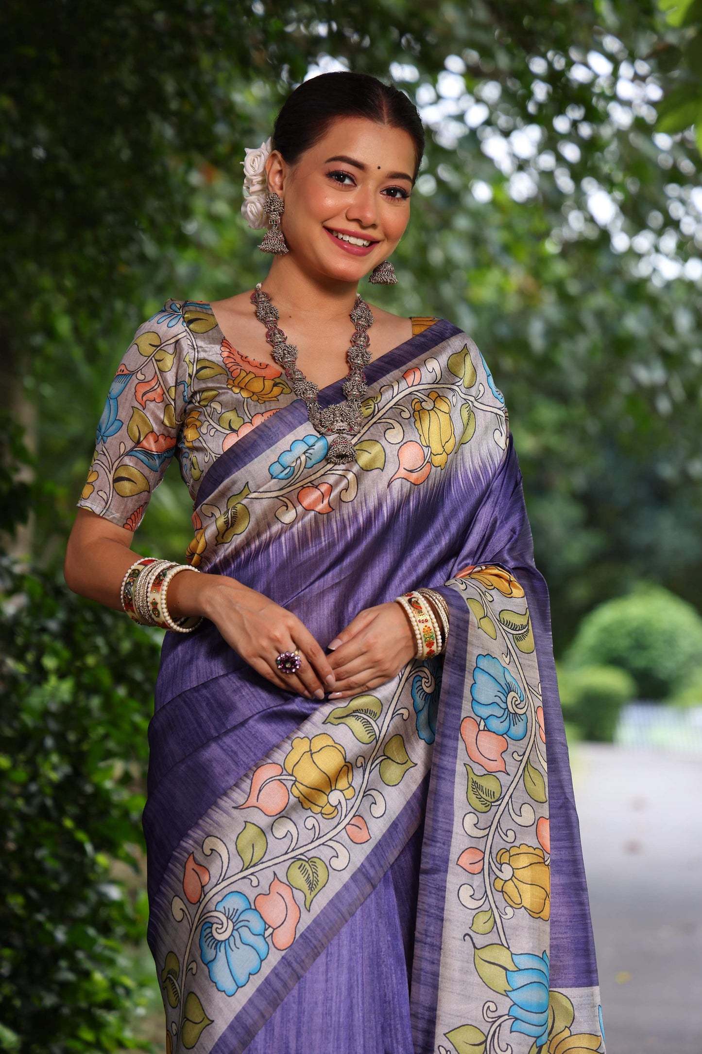 Jyoti Fashion Women's Purple Soft Tussar Silk Kalamkari Printed Designer Saree with Blouse | Swadesiicart