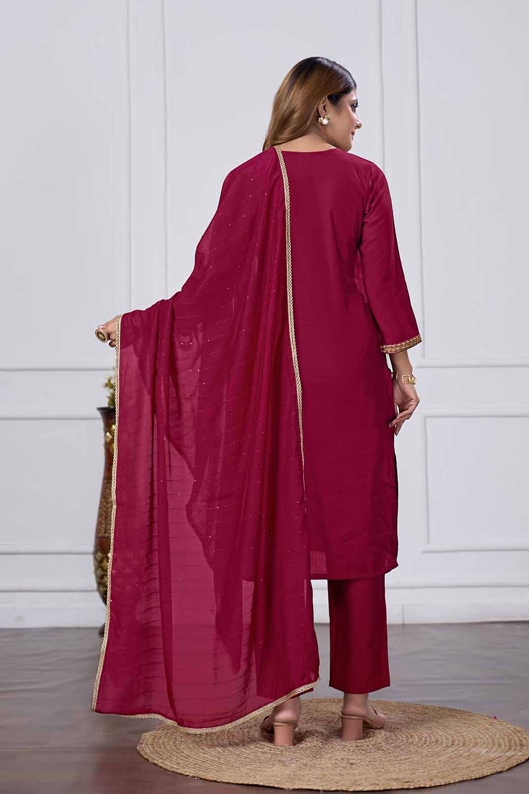 Jyoti Fashion Women's Maroon Chanderi Cotton Embroidered Designer Kurta Set with Dupatta | Swadesiicart