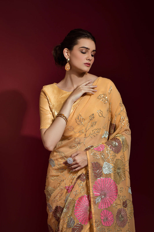 Jyoti Fashion Women's Chiku Sequence Embroidery Georgette Saree with Blouse | Swadesiicart