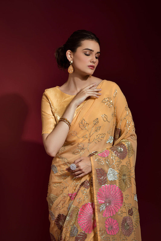 Jyoti Fashion Women's Chiku Sequence Embroidery Georgette Swadesiicart with Blouse