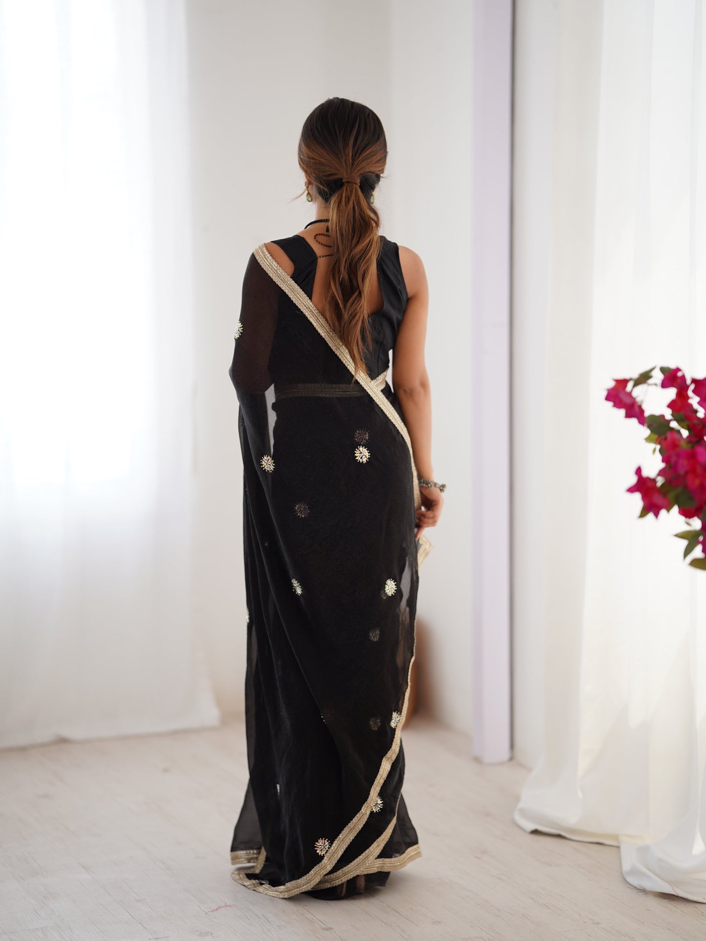 Jyoti Fashion Women's Black Fandy Silk Embroidered Designer Saree with Blouse | Swadesiicart