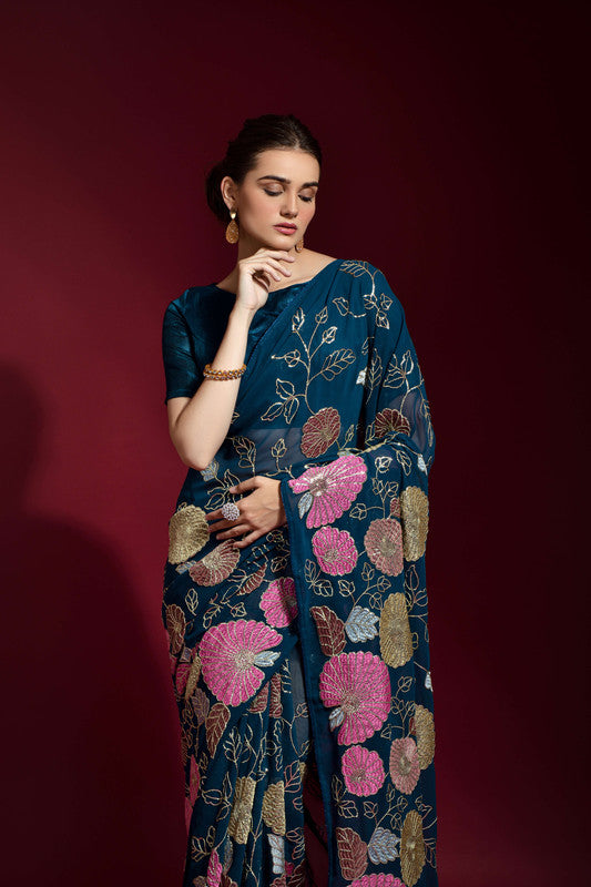 Jyoti Fashion Women's Morpich Sequence Embroidery Georgette Saree with Blouse | Swadesiicart