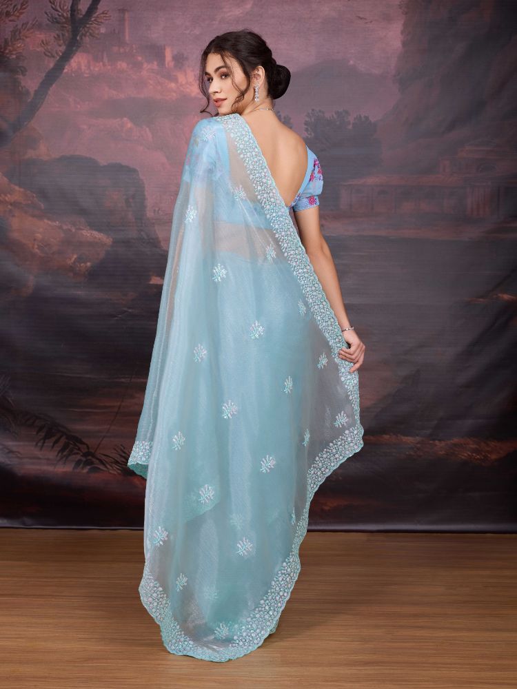 Jyoti Fashion Women's Sky Blue Jimmy Choo Sequins Embroidered Designer Saree with Blouse | Swadesiicart