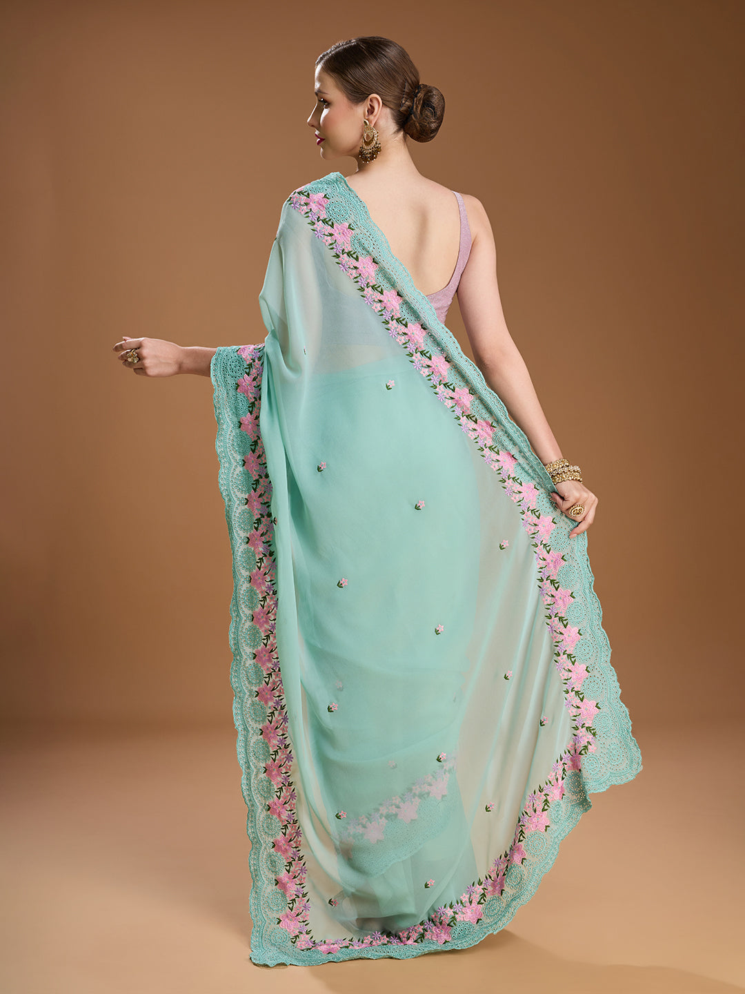 Jyoti Fashion Women's Sky Blue Chiffon Satin Embroidered Designer Saree with Blouse | Swadesiicart