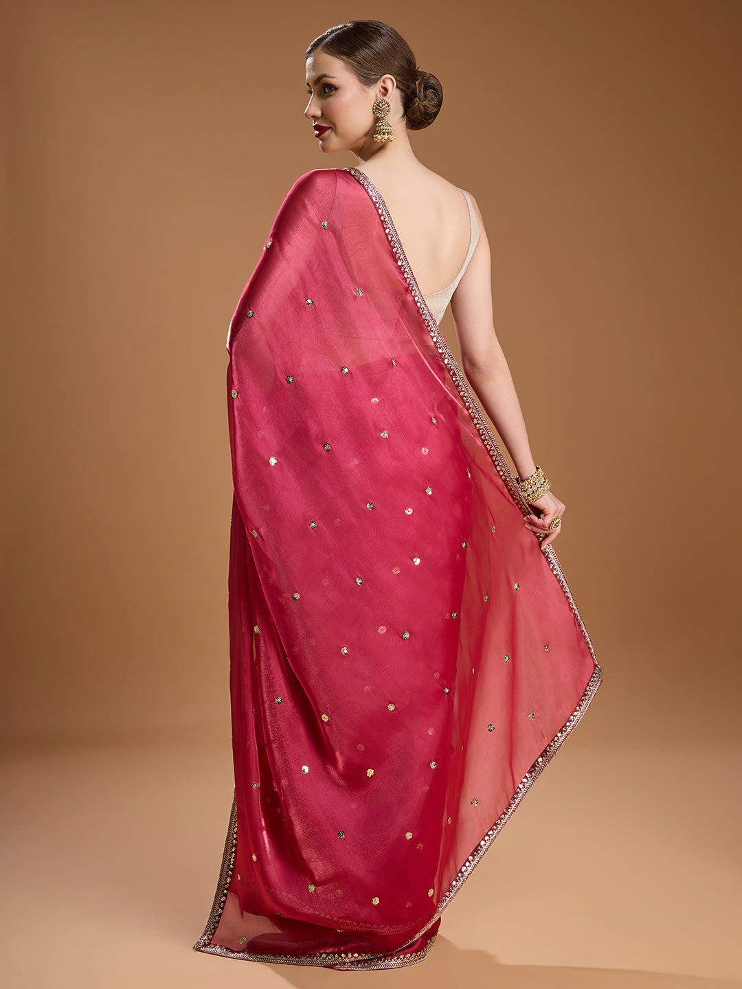 Jyoti Fashion Women's Gajri Red Jimmy Choo Sequins Embroidered Designer Saree with Blouse | Swadesiicart