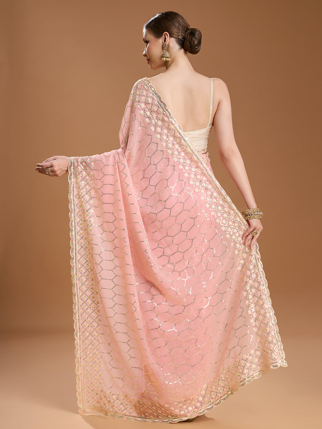 Jyoti Fashion Women's Peach Georgette Sequins Embroidered Designer Saree with Blouse | Swadesiicart