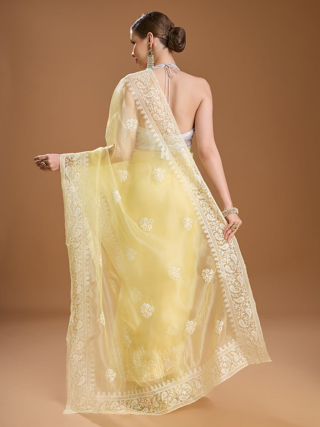 Jyoti Fashion Women's Yellow Net Sequins Embroidered Designer Saree with Blouse | Swadesiicart