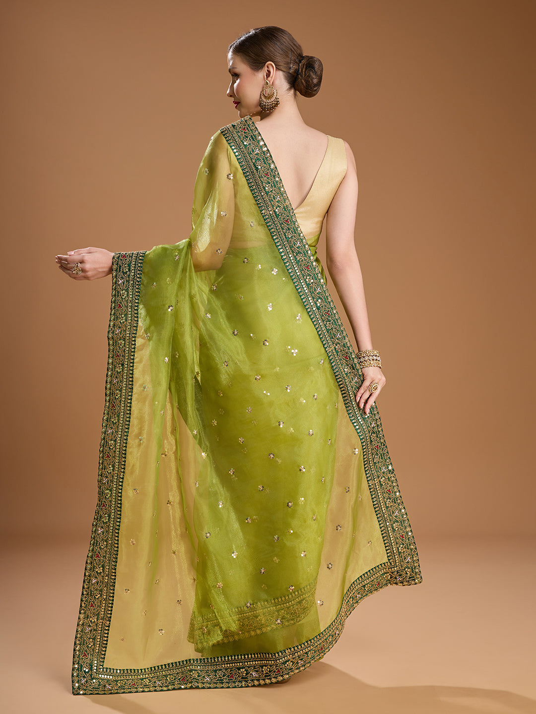 Jyoti Fashion Women's Green Organza Sequins Embroidered Designer Saree with Blouse | Swadesiicart