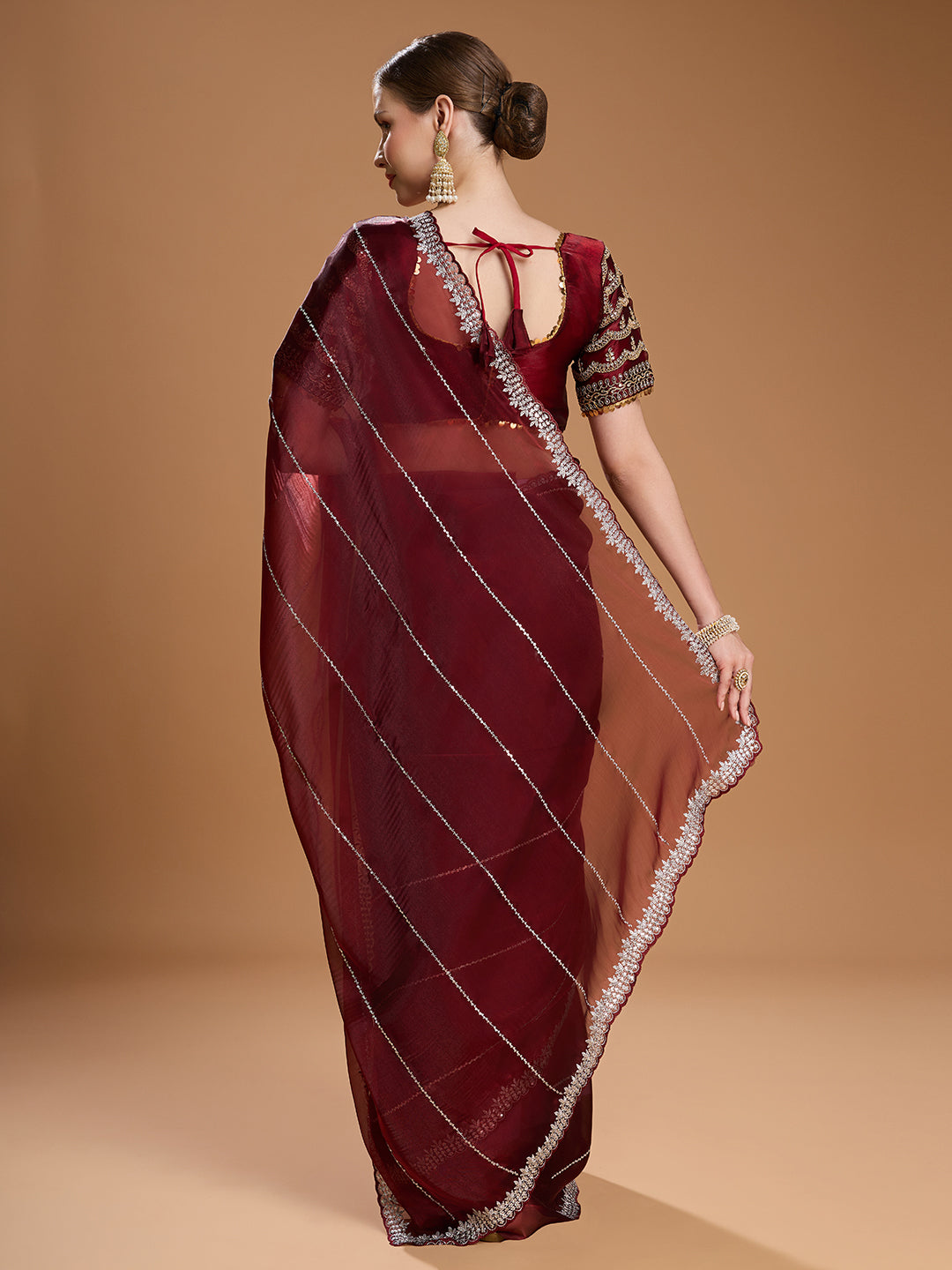 Jyoti Fashion Women's Brown Jimmy Choo Sequins Embroidered Designer Saree with Blouse | Swadesiicart