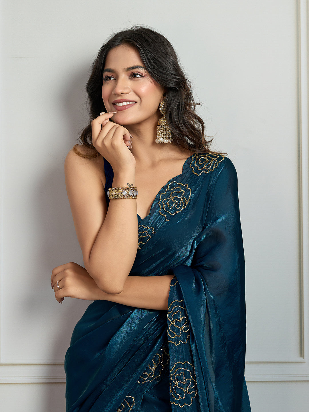 Jyoti Fashion Women's Morpich Fandy Satin Handwork Designer Saree with Blouse | Swadesiicart
