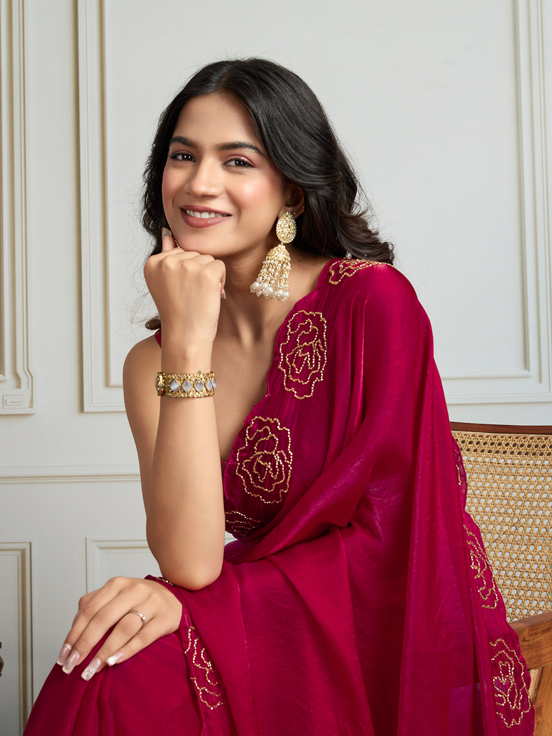 Jyoti Fashion Women's Rani Pink Fandy Satin Handwork Designer Saree with Blouse | Swadesiicart