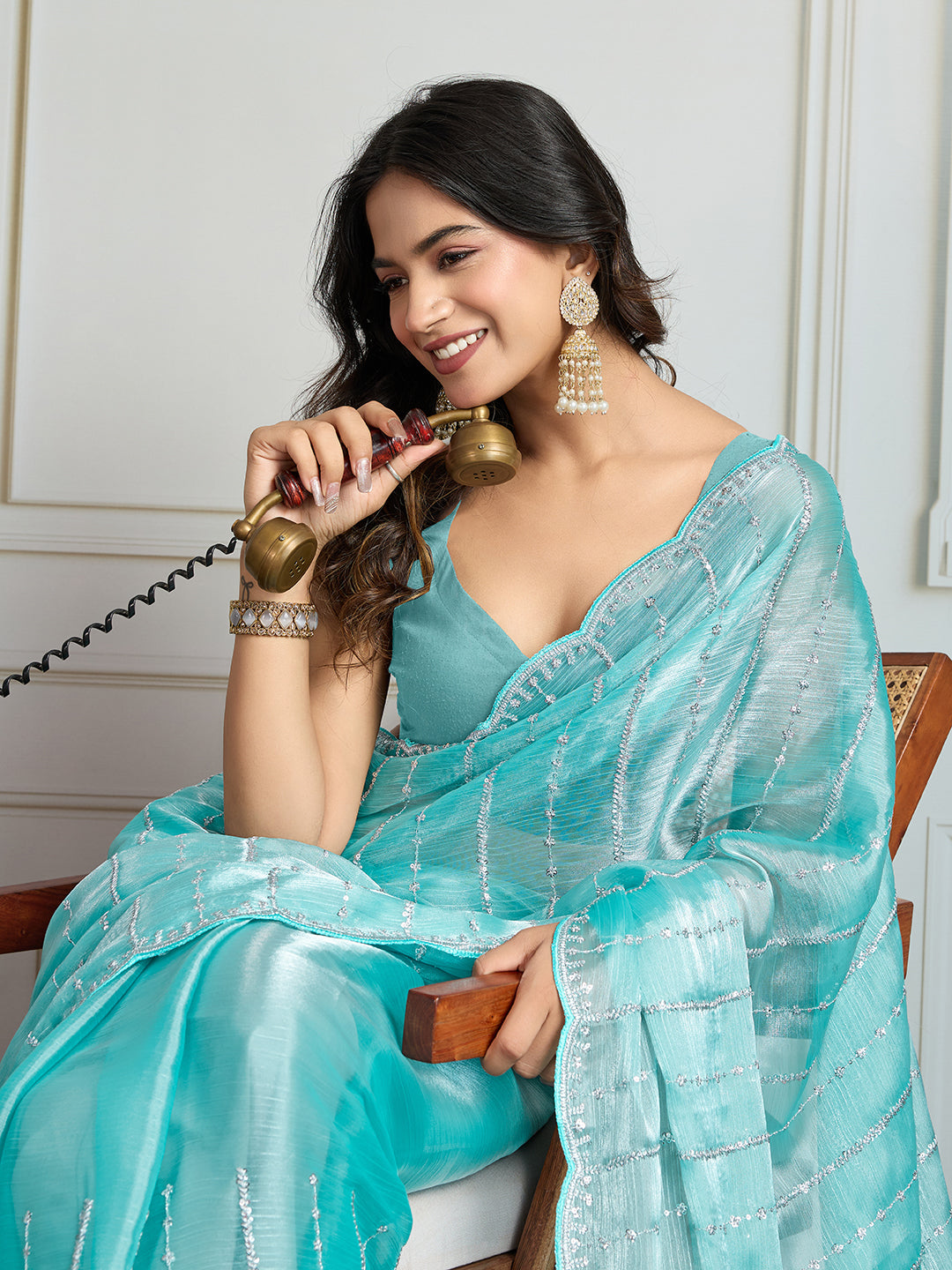 Jyoti Fashion Women's Sky Blue Chiffon Silk Sequins Designer Saree with Blouse | Swadesiicart
