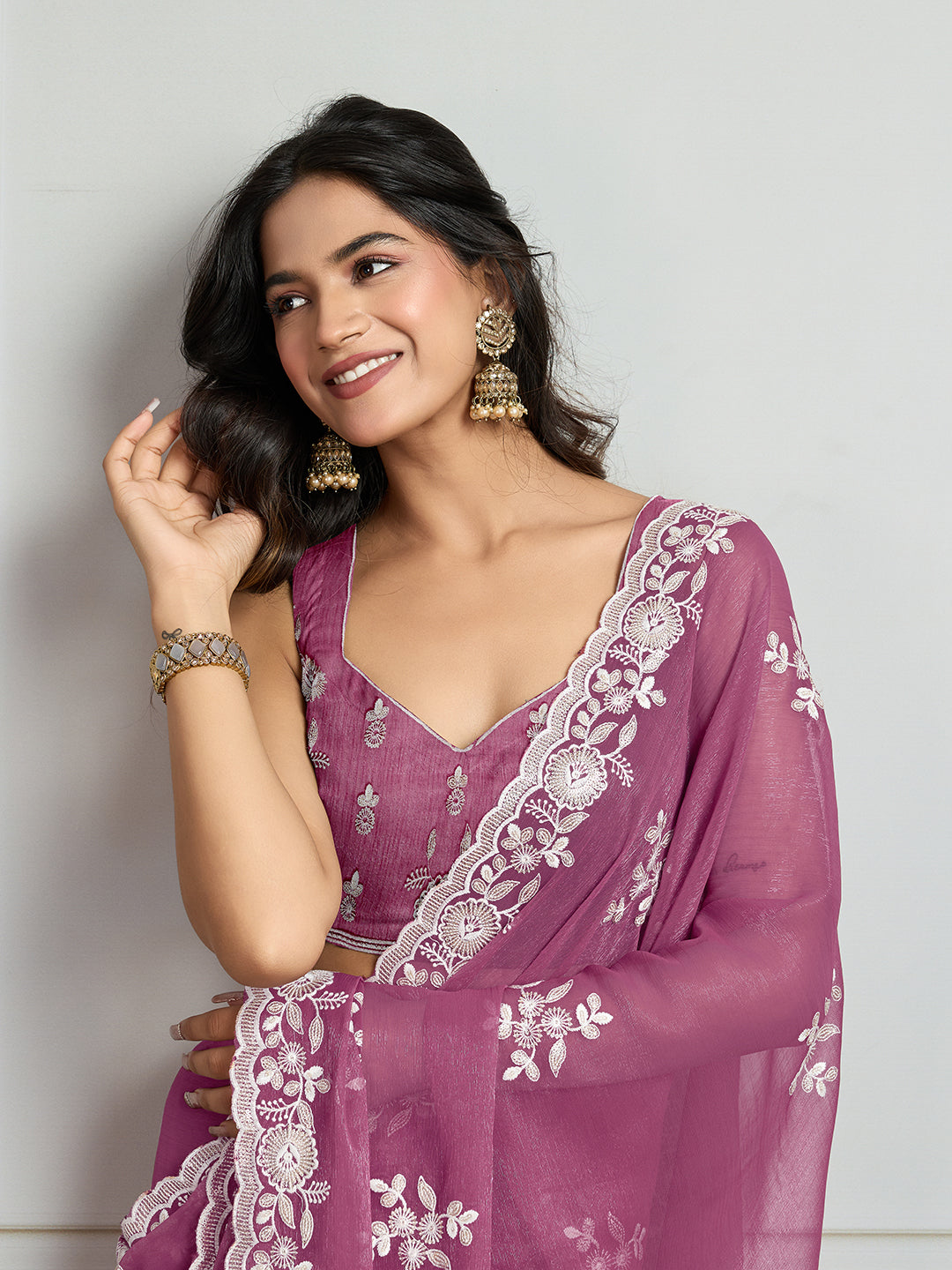 Jyoti Fashion Women's Onion Semi Georgette Embroidered Designer Saree with Blouse | Swadesiicart