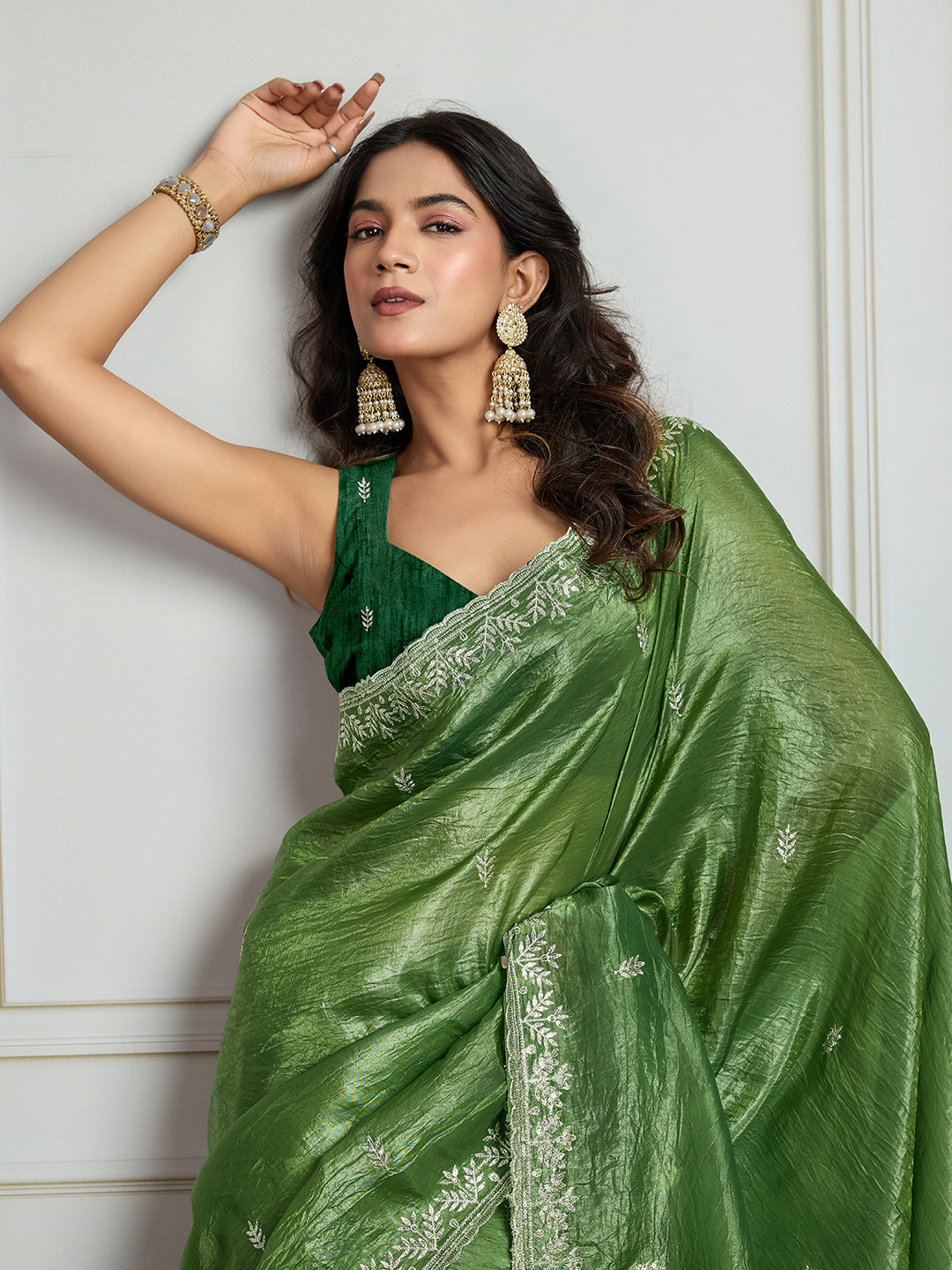 Jyoti Fashion Women's Parrot Green Gold Crush Embroidered Designer Saree with Blouse | Swadesiicart