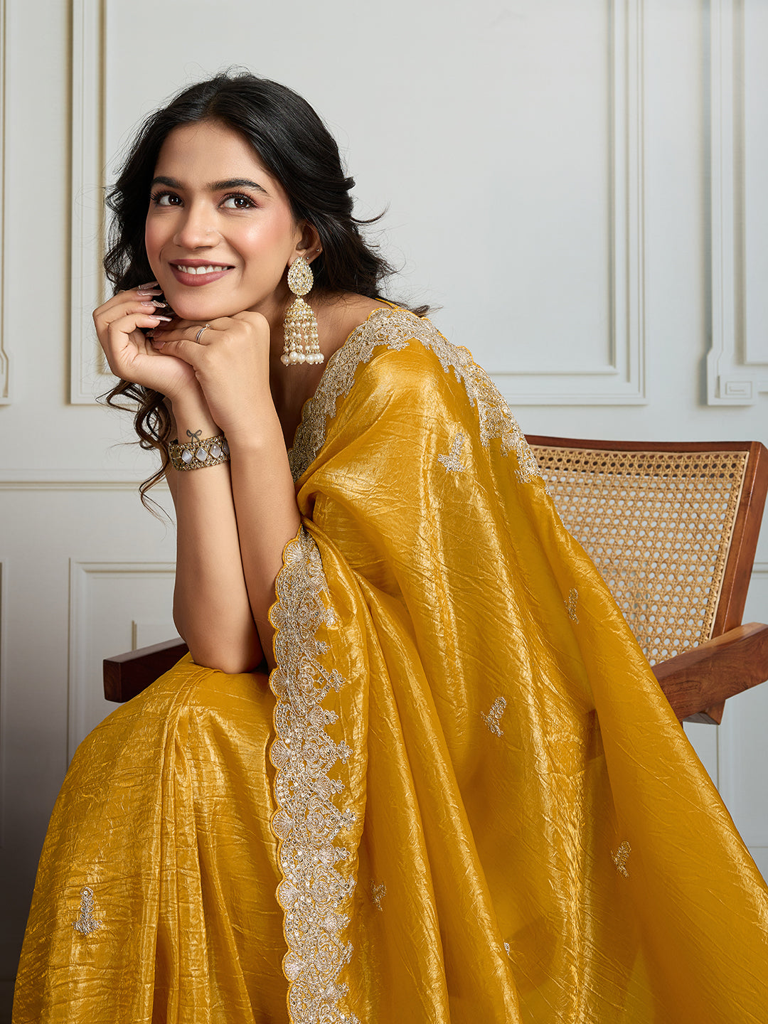 Jyoti Fashion Women's Yellow Satin Silk Embroidered Designer Saree with Blouse | Swadesiicart