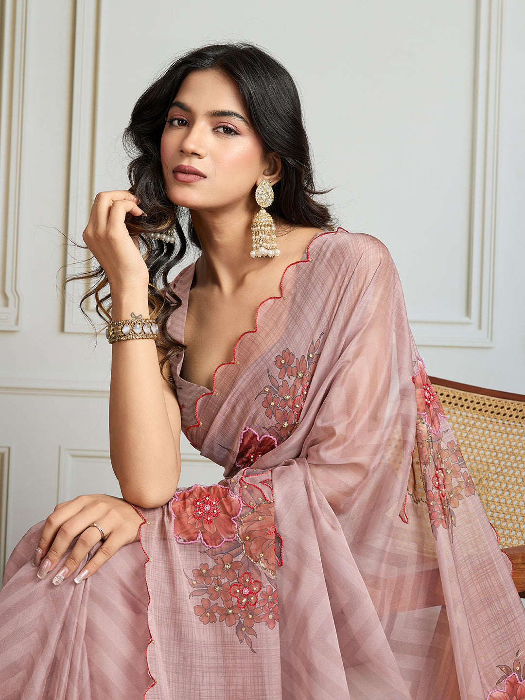 Jyoti Fashion Women's Beige Soft Tabby Organza Digital Printed Designer Saree with Blouse | Swadesiicart