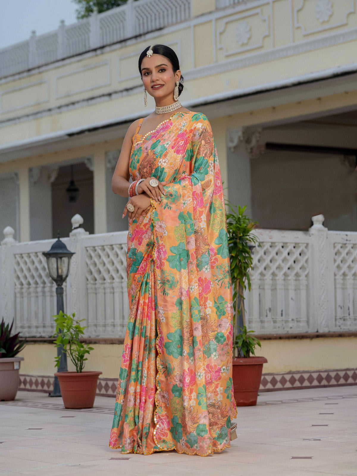Jyoti Fashion Women's Multicolor Chinon Digital Print with Mirror Swadesiicart with Blouse