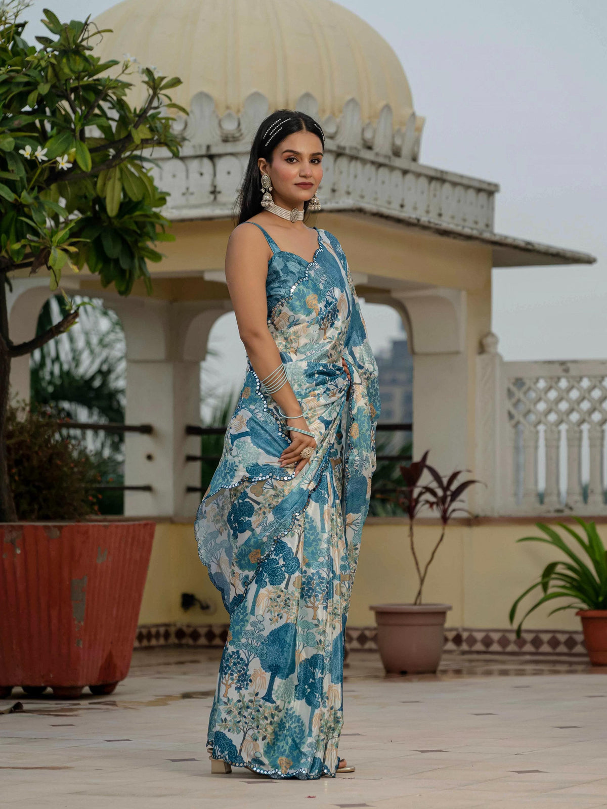 Jyoti Fashion Morpich Chinon Digital Print with Mirror Swadesiicart with Blouse