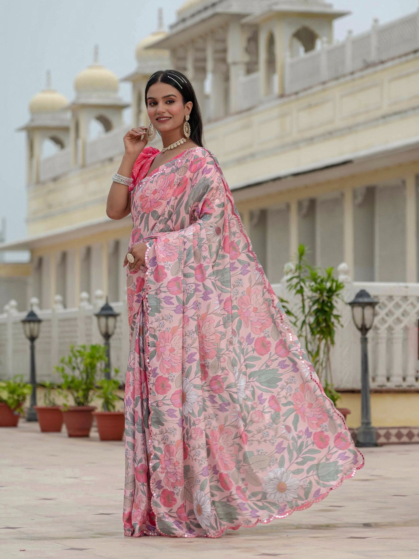Jyoti Fashion Women's Multicolor Chinon Digital Print with Mirror Saree with Blouse | Swadesiicart