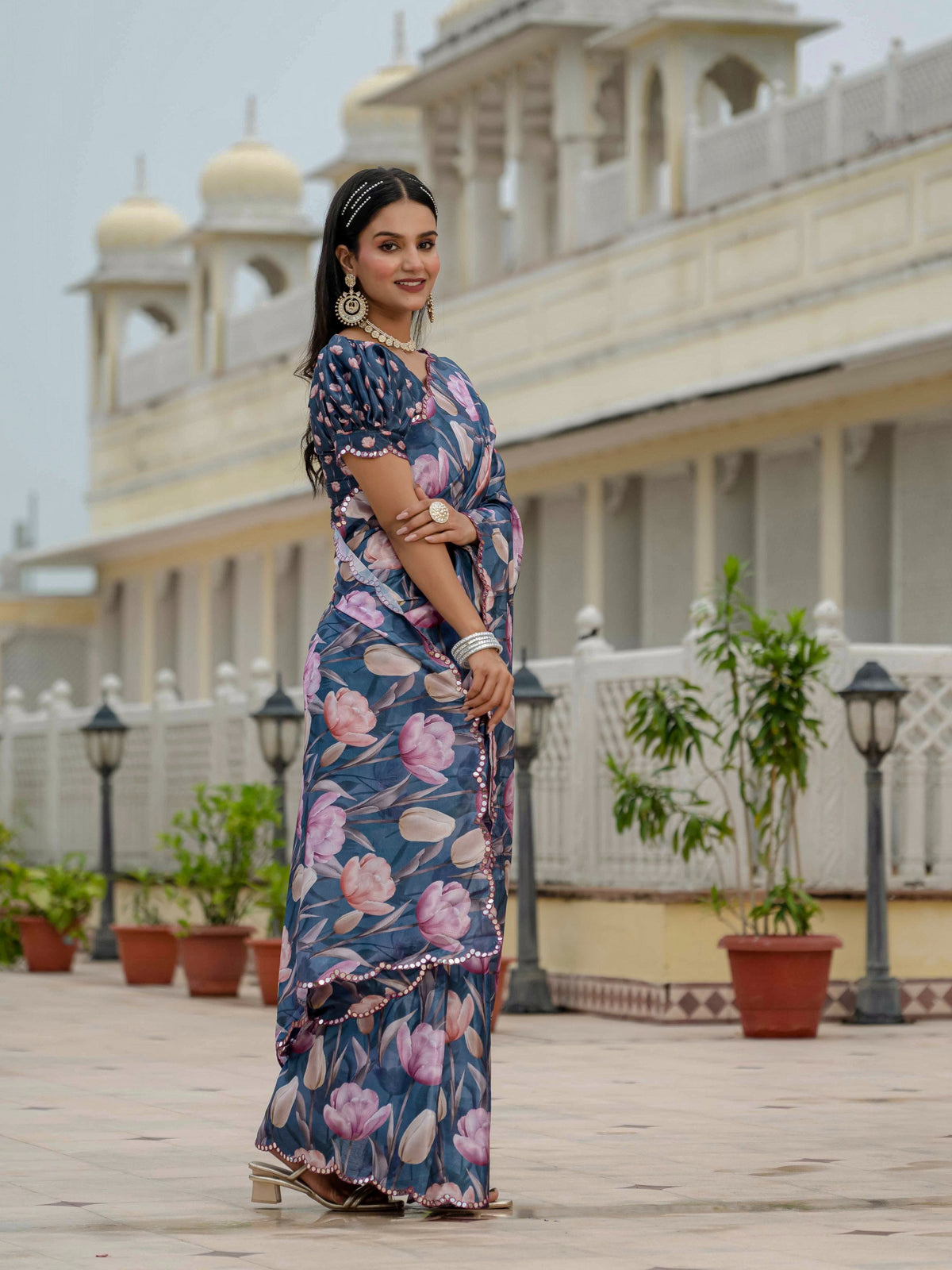 Jyoti Fashion Women's Navy Blue Chinon Digital Print with Mirror Swadesiicart with Blouse