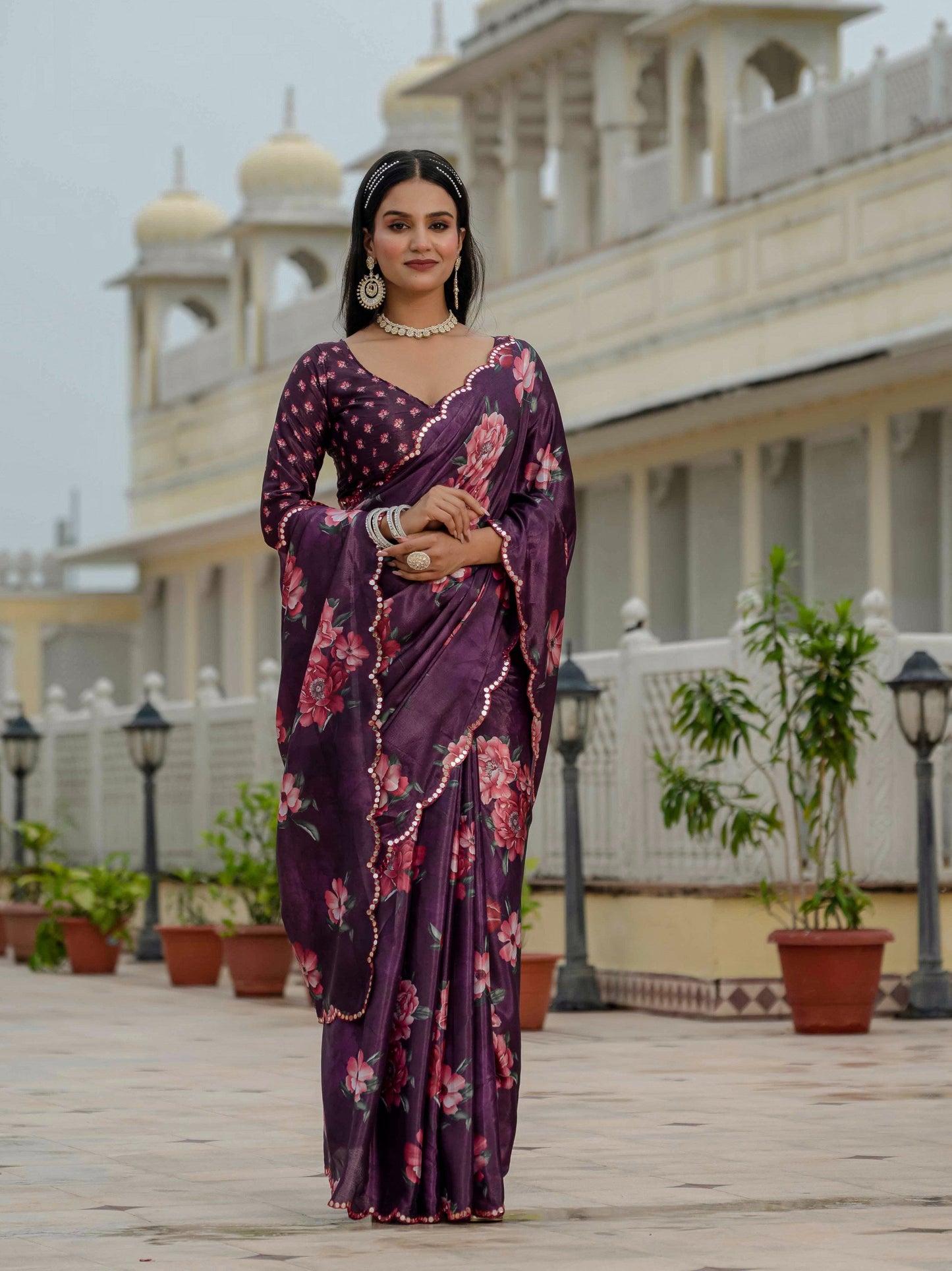 Jyoti Fashion Women's Wine Chinon Digital Print with Mirror Saree with Blouse | Swadesiicart