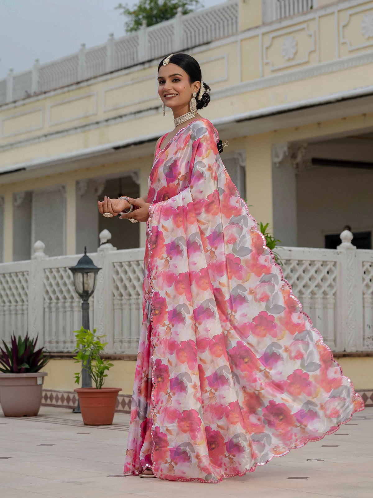 Jyoti Fashion Women's Pink Chinon Digital Print with Mirror Swadesiicart with Blouse
