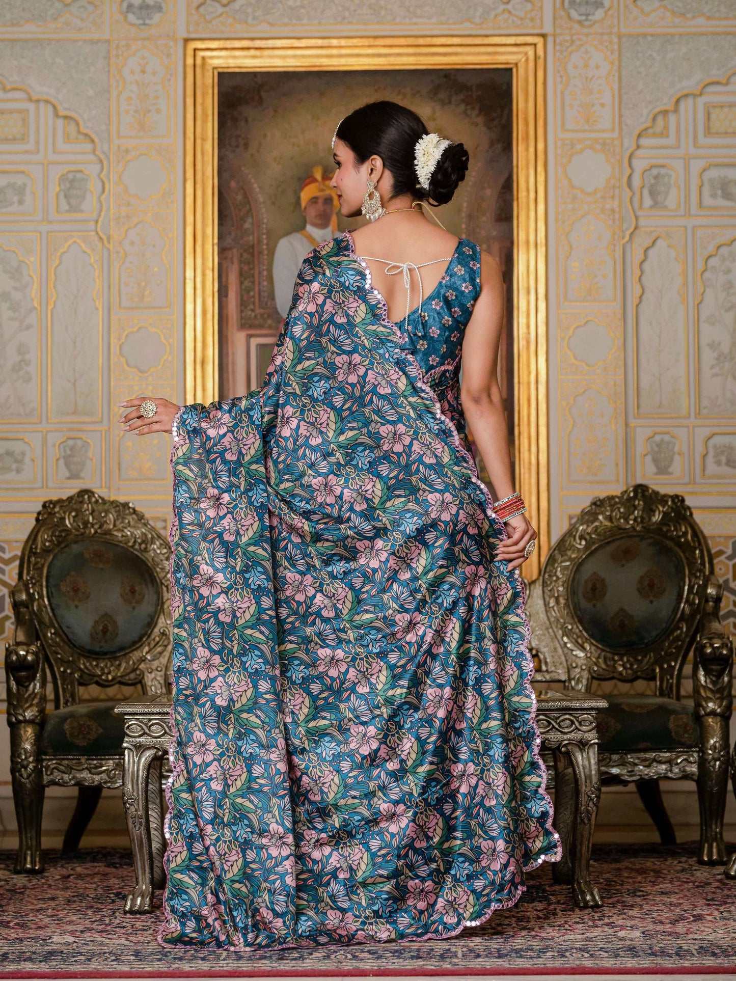 Jyoti Fashion Women's Morpich Chinon Digital Print with Mirror Saree with Blouse | Swadesiicart