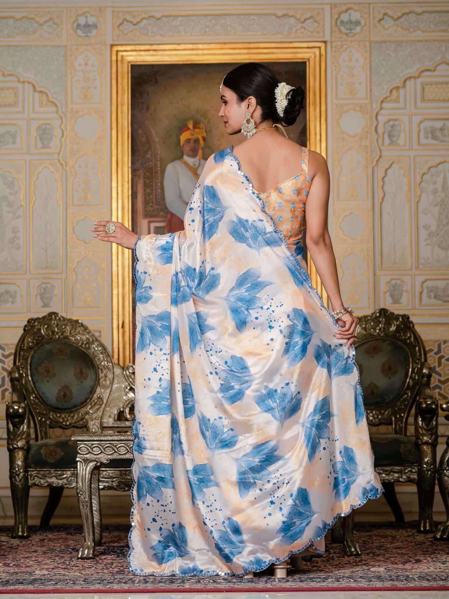 Jyoti Fashion Women's Blue Chinon Digital Print with Mirror Saree with Blouse | Swadesiicart