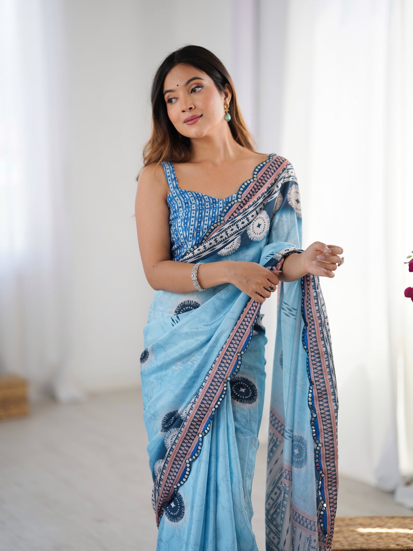 Jyoti Fashion Women's Sky Blue Chinon Digital Printed Designer Saree with Blouse - Swadesiicart