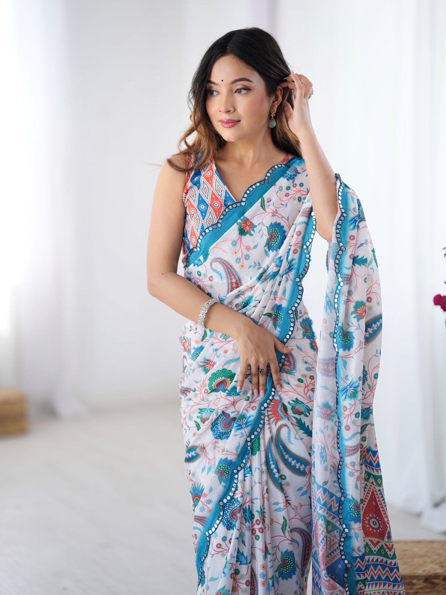 Jyoti Fashion Women's Multicolor Chinon Digital Printed Designer Saree with Blouse - Swadesiicart