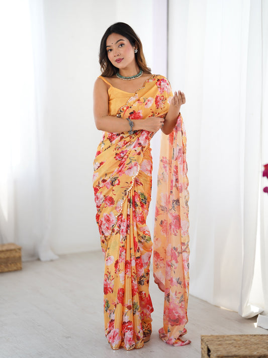 Jyoti Fashion Women's Yellow Chinon Digital Printed Designer Swadesiicart with Blouse