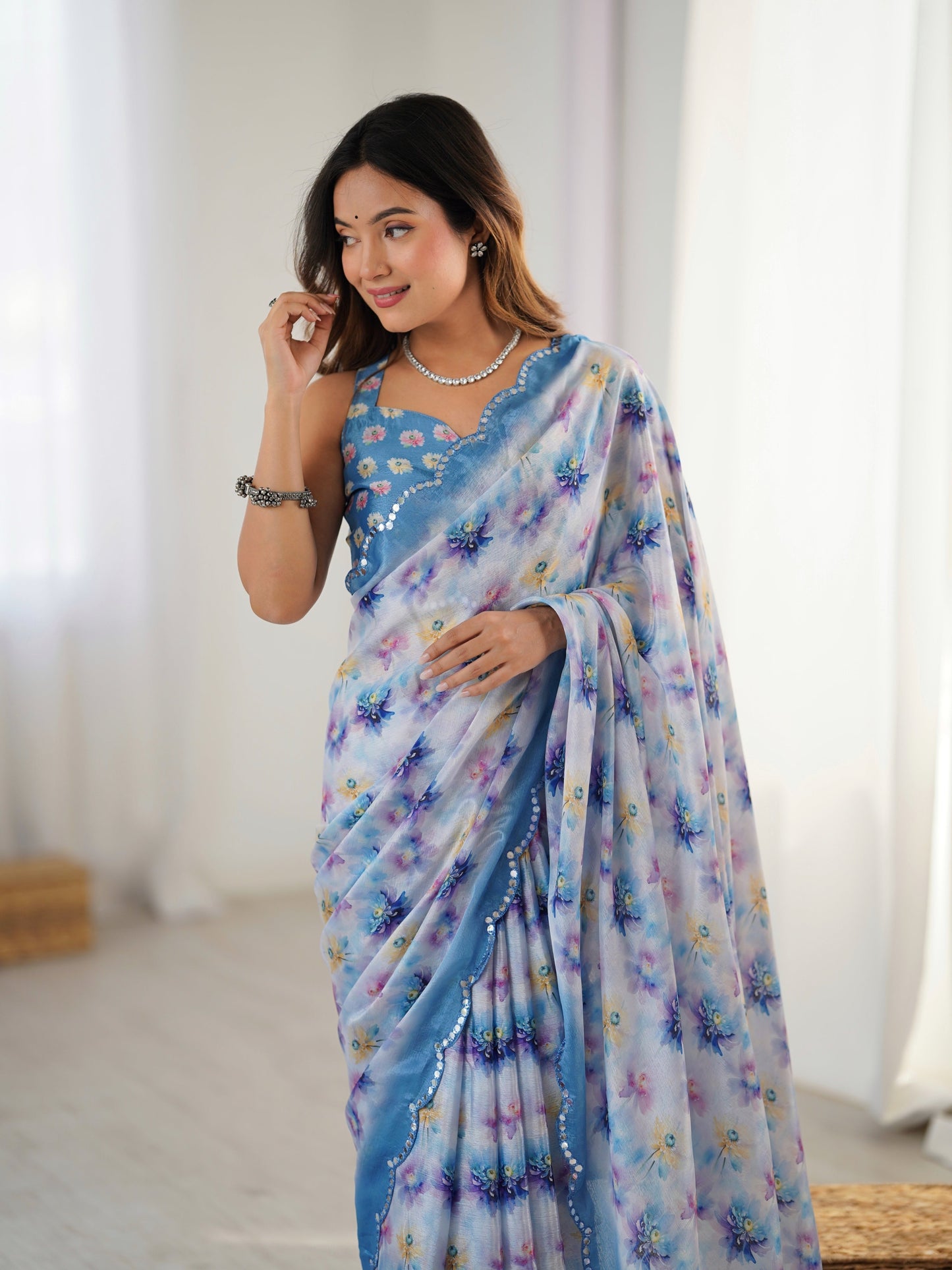 Jyoti Fashion Women's Blue Chinon Digital Printed Designer Saree with Blouse - Swadesiicart