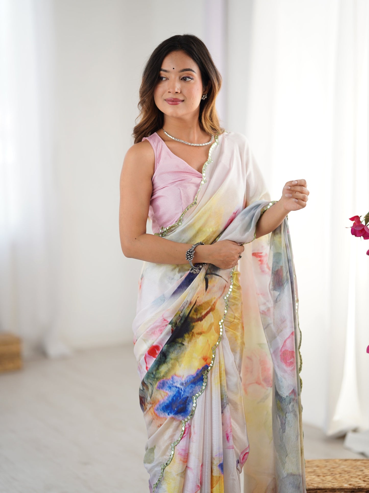 Jyoti Fashion Women's Multicolor Chinon Digital Printed Designer Saree with Blouse - Swadesiicart