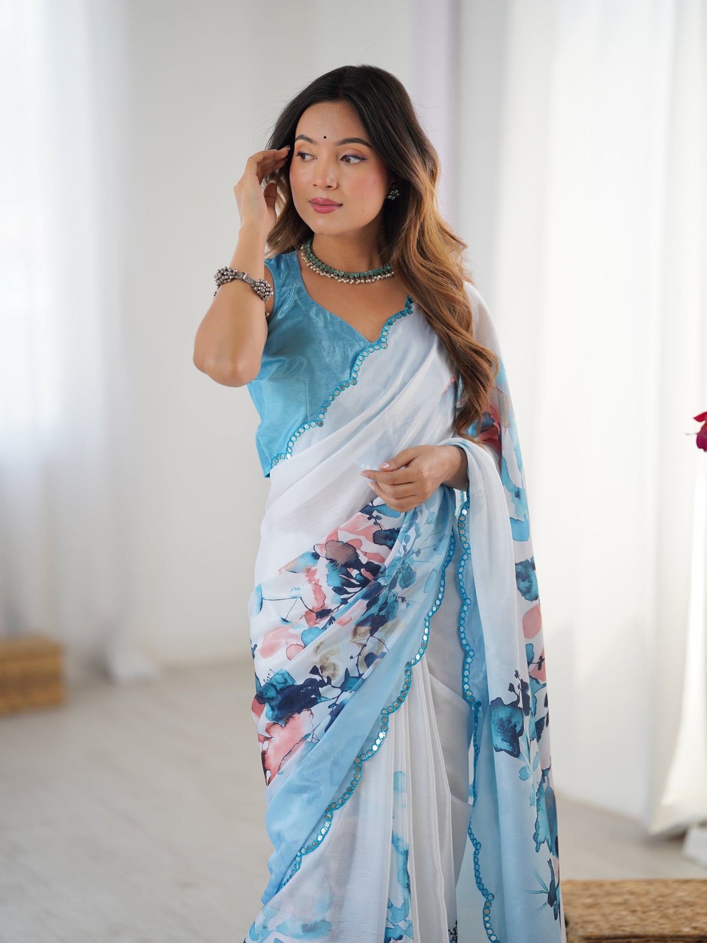 Jyoti Fashion Women's Sky Blue Chinon Digital Printed Designer Saree with Blouse - Swadesiicart