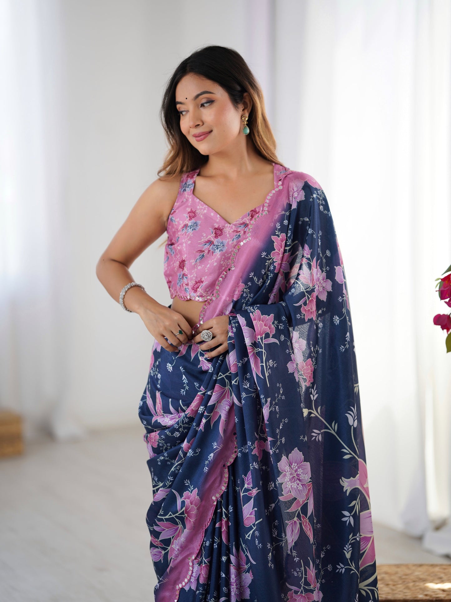 Jyoti Fashion Women's Navy Blue Chinon Digital Printed Designer Saree with Blouse - Swadesiicart