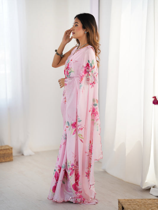 Jyoti Fashion Women's Baby Pink Chinon Digital Printed Designer Swadesiicart with Blouse