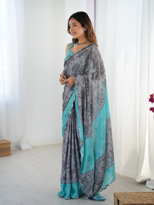 Jyoti Fashion Women's Grey Chinon Digital Printed Designer Swadesiicart with Blouse