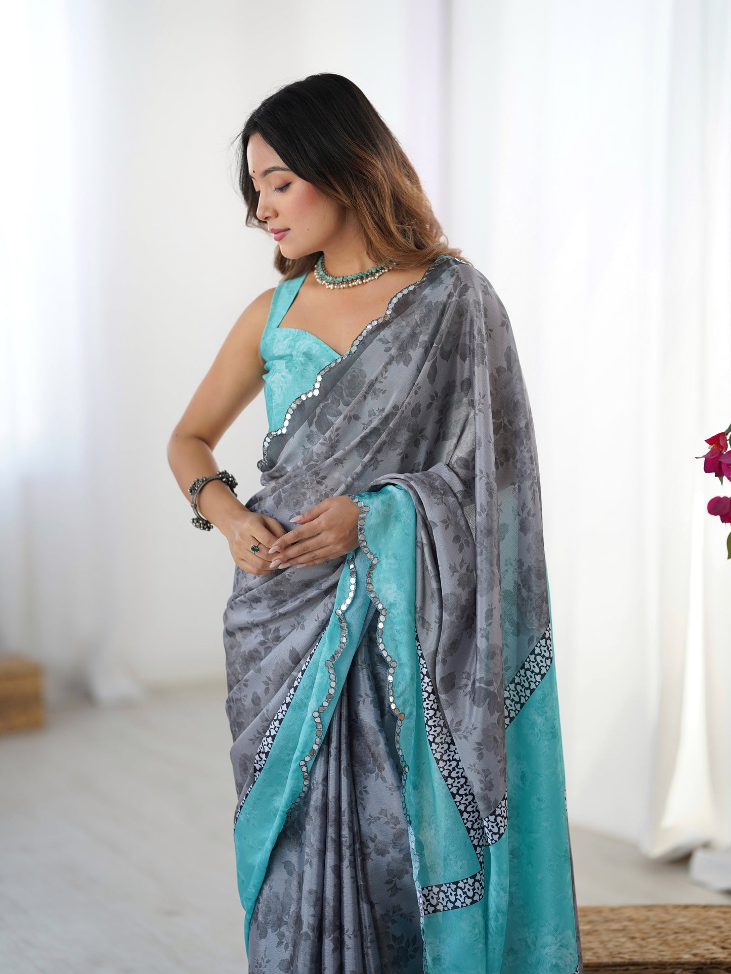 Jyoti Fashion Women's Grey Chinon Digital Printed Designer Saree with Blouse - Swadesiicart