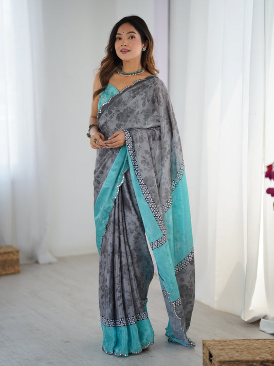 Jyoti Fashion Women's Grey Chinon Digital Printed Designer Swadesiicart with Blouse