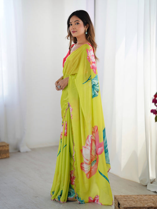 Jyoti Fashion Women's Parrot Green Chinon Digital Printed Designer Swadesiicart with Blouse